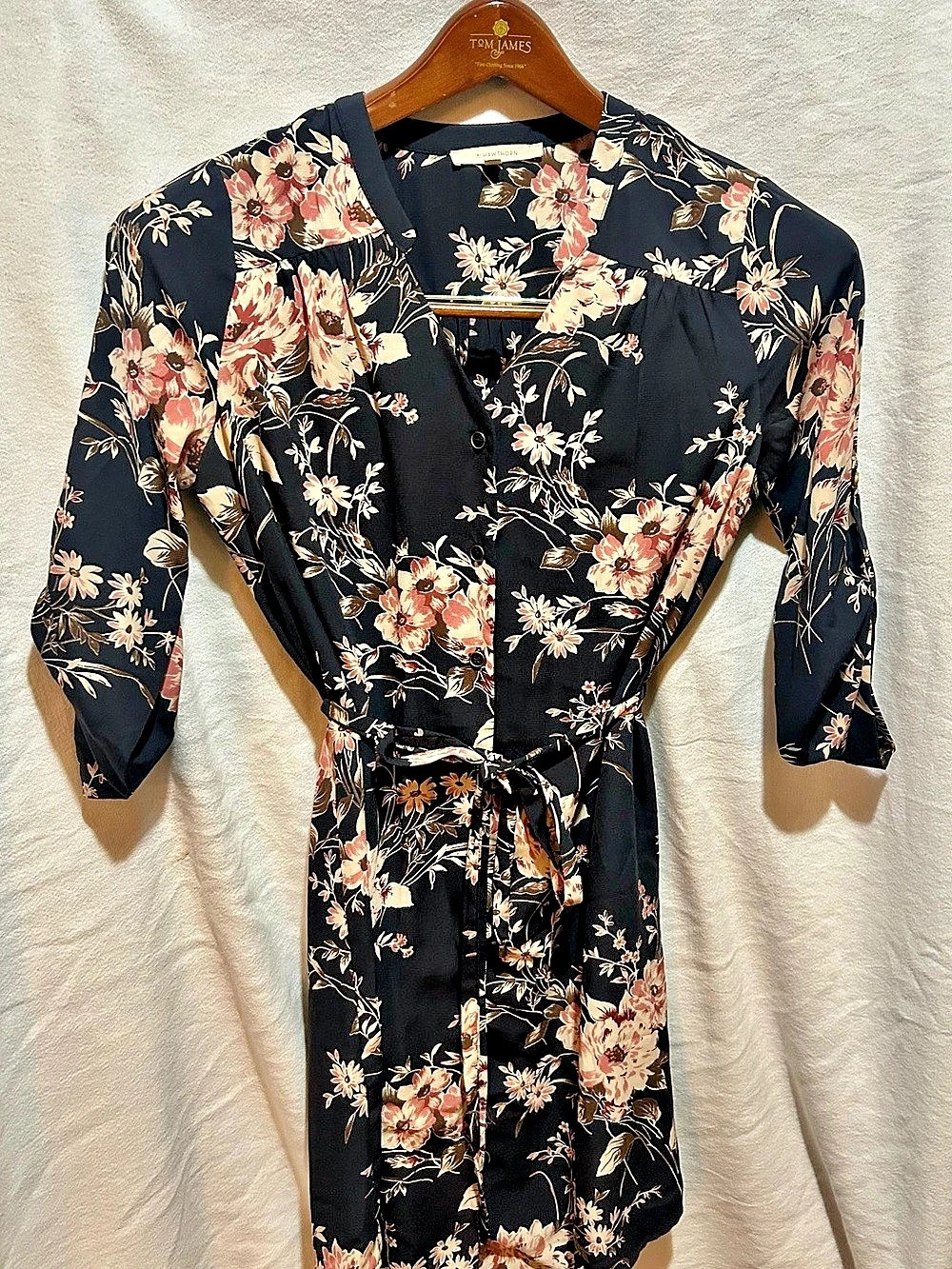 41Hawthorn Navy Pink Floral Button Front Shirt Dress S Roll Tab Sleeve